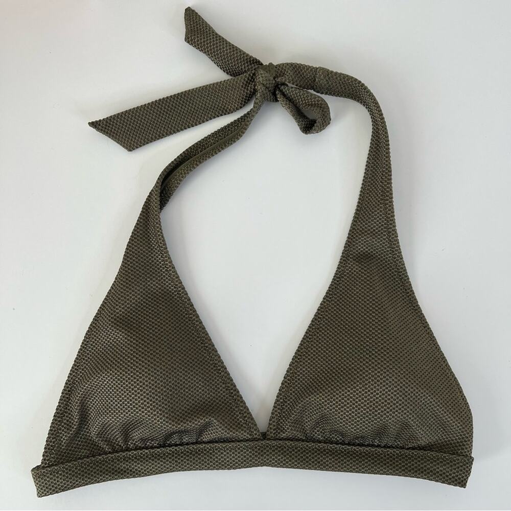 Aerie Halter Triangle Bikini Top Swim Olive Green Textured Knit